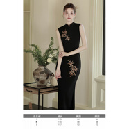 新中式國風(fēng)改良無(wú)袖黑色旗袍年輕款女夏季新款修身氣質(zhì)刺繡洋裝 黑色_單件 S