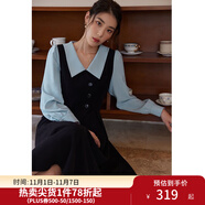 獨束大碼女裝假兩件撞色襯衫領(lǐng)連衣裙女秋冬微胖mm文藝復(fù)古穿搭裙子 墨染黑【適合165左右】 M