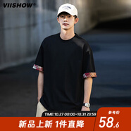 VIISHOW情侶休閑寬松百搭上衣男夏新款大碼拼接撞色圓領(lǐng)短袖T恤男女同款 黑色 XL
