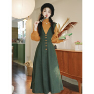 明星同款2025新款連衣裙深秋冬裝搭配一整套法式針織毛衣背帶連衣 黃色+綠色兩件套 S