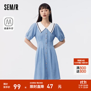 森馬牛仔連衣裙女撞色大翻領(lǐng)學(xué)院風(fēng)森柔牛仔夏收腰泡泡袖短裙甜酷 牛仔淺中藍(lán)88601 L