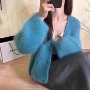 Jret毛衣女2025秋冬新款軟糯開(kāi)衫奶fufu毛絨絨v領(lǐng)長(cháng)袖針織衫外套女 天青藍  S 【80斤以下】