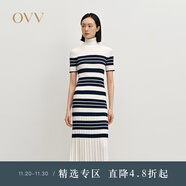 OVV秋冬熱賣(mài)女裝經(jīng)典橫條紋高領(lǐng)長(cháng)袖羊毛針織連衣裙 藏青條紋 S