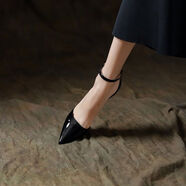 磐攜歐美黑色漆皮尖頭超淺口紅底一字帶高跟鞋女細跟交叉綁帶涼鞋單鞋 黑色中空9公分一字帶紅底 34 34