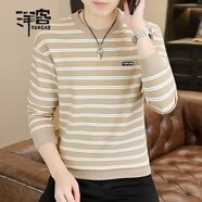 洋客高端條紋男士長(cháng)袖t恤圓領(lǐng)修身休閑秋季新款帥氣百搭潮流打底衫 卡其色 常規款 4XL  適合180-195斤