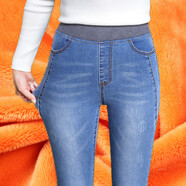 韓式冬季女性高腰大碼松緊帶牛仔褲顯瘦顯胖鉛筆小腳羊毛襯里長(cháng)褲 淺藍[升級] 加絨 26 [建議75-85斤]