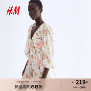 H&M女裝花卉連衣裙2025夏季新款度假風(fēng)喇叭袖褶紋連身裙1295133 奶油色/花卉 2XL 175/128