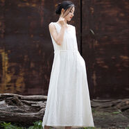 棉麻連衣裙2025新款春夏苧麻無(wú)袖系帶長(cháng)裙純色百搭旅拍文藝范裙子 白色 均碼 均碼