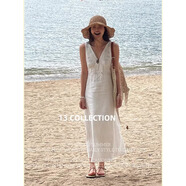 溥畔法式海邊度假絕美巨好看的白色棉麻V領(lǐng)連衣裙夏女2025新款沙灘裙 白色棉麻洋裝 L 均碼