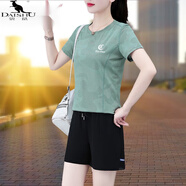 袋鼠（DAISHU）明星同款真冰絲運動(dòng)套裝女夏季速干夏天短袖短褲休閑兩件套五分褲 軍綠 XL(推薦110-125體重)