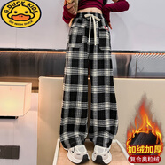 G.duck女童闊腿褲2025新款高腰休閑兒童直筒褲加絨女中大童韓版格子長(cháng)褲 格子闊腿褲-加絨款黑色 160 cm 建議150-160cm年齡11-12