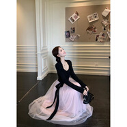 允橘接長(cháng)袖連衣裙女裝秋季氣質(zhì)系帶收腰大擺裙長(cháng)裙子 高個(gè)子連衣裙 L