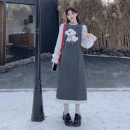 001（ZHEJIANG001）秋冬季新款可愛(ài)小狗毛呢拼接針織長(cháng)袖連衣裙大碼女假兩件套裝裙子 灰色長(cháng)裙 3XL _建議160-180斤