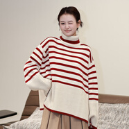 丹德蘭（Dandelan）日本進(jìn)口面料 25W秋冬 氛圍感條紋羊毛棉短款闊袖高領(lǐng)毛衣 條紋紅色 S