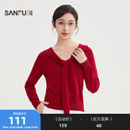 三福毛衣2025秋季綁帶V領(lǐng)蕾絲拼接下擺假兩件上衣女裝507322 大紅 L