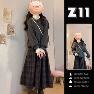 迪葵納（Dequanna）文藝少女單排扣灰色毛衣針織開(kāi)衫+百搭格紋中長(cháng)款半身裙兩件套 【套裝】灰色針織上衣+格紋半身裙 M