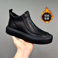 杰牧希（JIMURRXI）真皮男鞋2025秋冬新款時(shí)尚側拉鏈休閑皮鞋加絨加厚百搭休閑皮男靴 黑色 -加絨 40 （皮鞋碼）