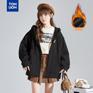 唐獅（TonLion）2025針織外套女休閑衛衣開(kāi)衫連帽上衣 加絨款/黑色 XL