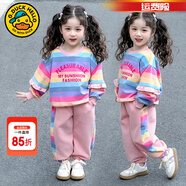 G.duck小黃鴨童裝女童套裝春秋款洋氣兒童衣服女寶寶秋裝卡通兔子兩件套 粉色花邊袖彩條套裝 140 (建議身高130cm 10-11歲cm