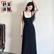 芭芙達妮溫柔女神范假兩件撞色吊帶連衣裙女夏季新款小眾修身收腰打底長(cháng)裙 黑色 M