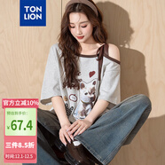 唐獅2025夏女撞色斜肩蝴蝶結露肩綁帶印花短袖T恤