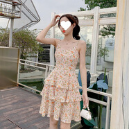 小雛菊吊帶裙夏韓版氣質(zhì)淑女風(fēng)印花蛋糕裙內搭打底雪紡碎花連衣裙 花粉色 S 80-90斤