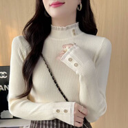 香影芬半高領(lǐng)毛衣打底衫女秋冬短款2025新款韓版修身內搭蕾絲針織衫上衣 杏色 L (建議105-115斤)