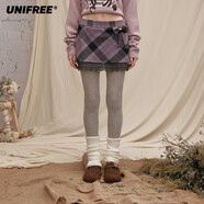 UNIFREE格紋毛呢半身裙撞色蝴蝶結蕾絲邊小個(gè)子顯瘦包臀短裙 紫色 M
