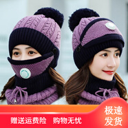 儂依拉帽子女秋冬季天毛線(xiàn)帽加絨加厚騎行防風(fēng)防寒護耳韓版冬季保暖針織帽女 紫色呼吸閥 三件套(帽子+圍脖+面罩)