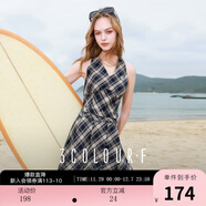 三彩獨醒2025夏季新款格紋連衣裙甜酷百褶裙無(wú)袖飄帶短裙F 藏青色格紋 XL 170/92A