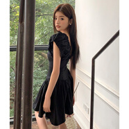 高品質(zhì)韓版氣質(zhì)夏裝新款法式連衣裙女褶皺收腰顯瘦甜美仙女公主裙 黑色 S