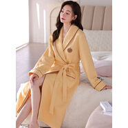 睡袍女秋冬季長(cháng)袖加厚夾層薄浴袍空氣棉大碼中長(cháng)款冬天家居服 LG2985奶酪黃 M