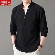 南極人（Nanjiren）夏天新款五分袖t恤男寬松中國風(fēng)棉麻中袖男士純棉上衣休閑襯衫潮 黑色(C-01-長(cháng)袖) M (建議80-105斤)