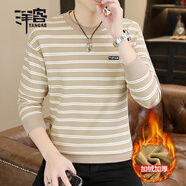 洋客高端條紋男士長(cháng)袖t恤圓領(lǐng)修身休閑秋季新款帥氣百搭潮流打底衫 卡其色 加絨款 L  適合120-135斤