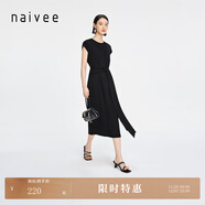 納薇（naivee）新款復古高級腰帶鏤空氣質(zhì)連衣裙優(yōu)雅赫本風(fēng)小黑裙女 黑色 S 155/80A