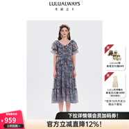 LULUALWAYS我愛(ài)露露25夏季新款法式溫柔氣質(zhì)收腰顯瘦雪紡連衣裙女鏤空蕾絲邊 藍色 M