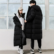 愛(ài)丹蒙新款2025長(cháng)款情侶羽絨服女寬松加厚中長(cháng)款過(guò)膝裝冬季外套男女新品 黑色(男女同款【后背無(wú)印字版】 XS (155) 體重（85-100斤）