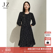 玖姿·安娜蔻法式波點(diǎn)桑蠶絲收腰七分袖荷葉邊連衣裙女2025春季新款 花黑 S