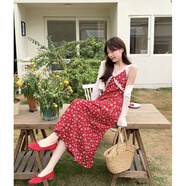 春夏新款法式碎花吊帶長裙子收腰顯瘦度假風(fēng)沙中長款開叉連衣裙HM 蕾絲吊帶紅色 S _建議80-95斤