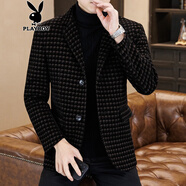花花公子（PLAYBOY）秋冬千鳥(niǎo)格毛呢西服加厚韓版商務(wù)休閑小西服百搭帥氣保暖外套男裝 咖色 L
