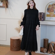 兩三事白色打底連衣裙2025春季新款高領(lǐng)毛絨高腰內(nèi)搭長裙白雪公主 黑色-y L