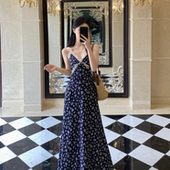 春夏新款法式碎花吊帶長裙子收腰顯瘦度假風(fēng)沙中長款開叉連衣裙HM 蕾絲吊帶藍色 S _建議80-95斤