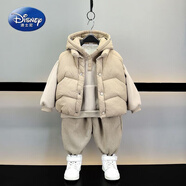 迪士尼（Disney）男童冬季套裝2025新款兒童洋氣加絨加厚冬裝寶寶韓版馬甲三件套潮 卡其色冬款三件套（塞棉） 90