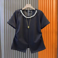 大碼女裝釘珠領(lǐng)前開(kāi)叉側壓褶小衫韓版糖果色甜美春夏款胖妹妹上衣 黑色 3XL 3XL建議120-150斤