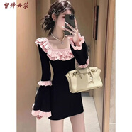 美安嘉黑色小香風(fēng)花邊領(lǐng)針織連衣裙子女新款早秋甜美收腰喇叭袖短裙 黑色 S