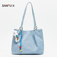 三?？姘驴畎蓍e通勤女包多巴胺大容量單肩包托特包458518 牛仔藍壓印 大