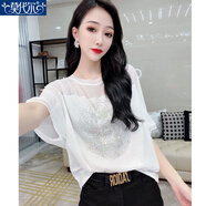 莫代爾歐洲站2025新款時(shí)尚性感網(wǎng)紗領(lǐng)短袖t恤寬松時(shí)尚燙鉆雪紡上衣 白色 M 【建議105斤以下】
