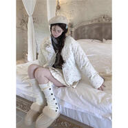 夢(mèng)琪嵐棉服女款2025年最新款碎花甜美拼接蕾絲蝴蝶結棉襖洋氣減齡顯瘦潮 米白色 M (建議100-110斤)