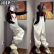 JEEP SPIRIT加肥加大碼2-300斤胖m冬季羊羔毛絨連衣褲女寬松奶呼呼加絨背帶褲 奶白色 XL 120-150斤