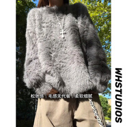 QGF馬海毛絨圓領(lǐng)毛衣女男冬季新款保暖寬松休閑慵懶情侶針織線(xiàn)衣外套 灰色 XL 【建議125-145斤】